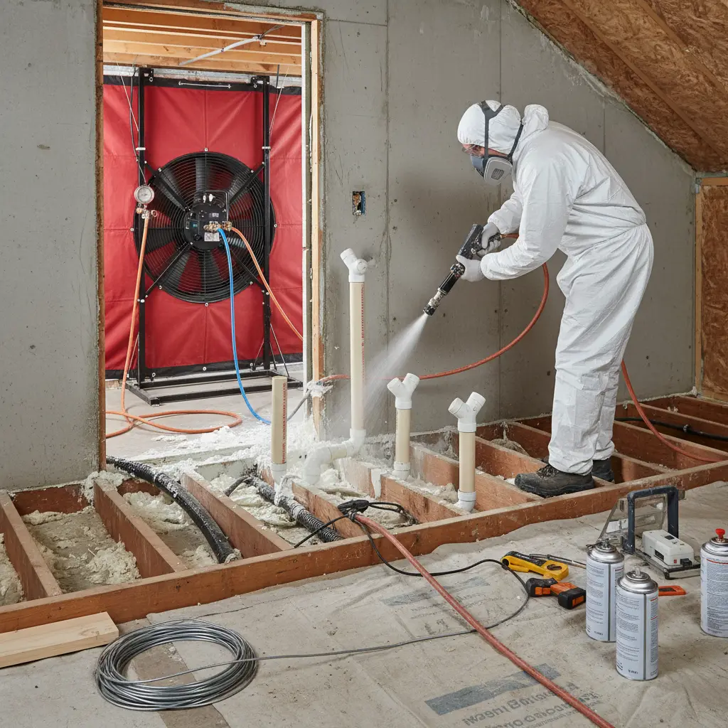 Blower door testing during air sealing assessment in a Maine home