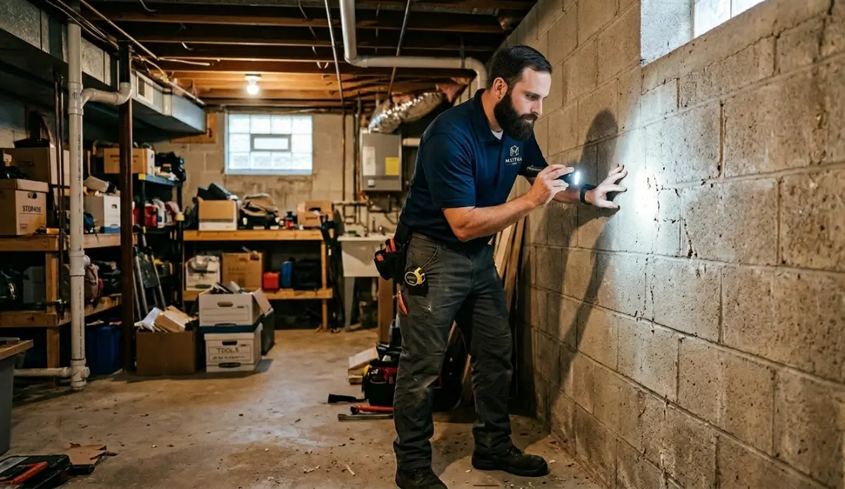 Expert inspector examining mold in a Maine home basement