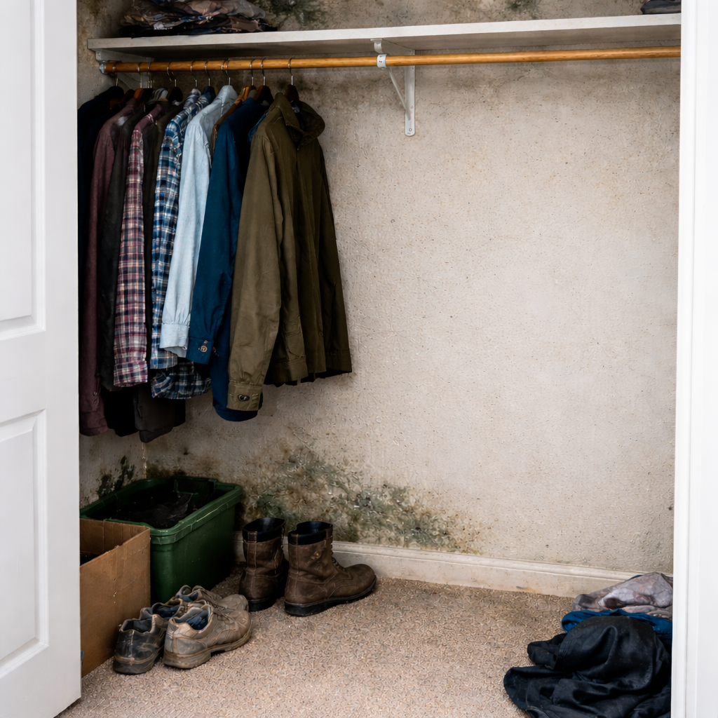 Mold growth in a closet showing dark patches on walls and ceiling