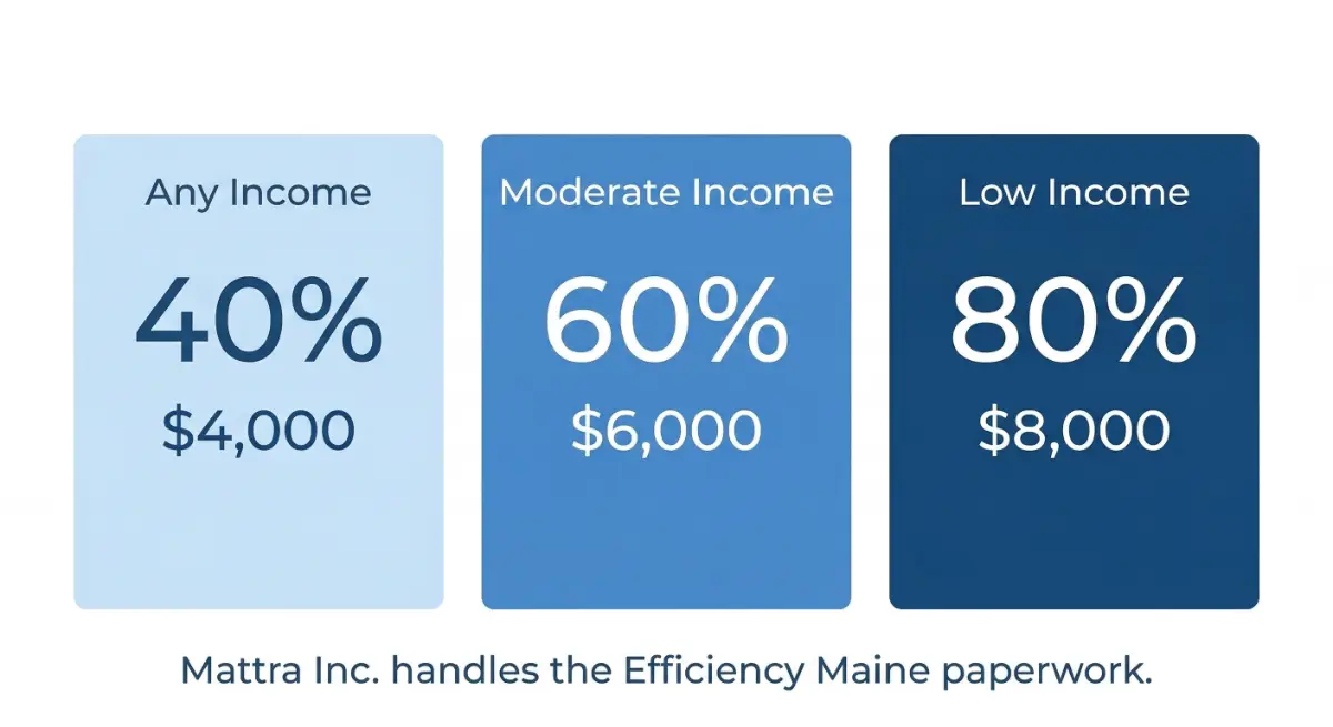 Efficiency Maine rebate tiers: 40 percent up to 4000 dollars for any income, 60 percent up to 6000 dollars for moderate income, 80 percent up to 8000 dollars for low income