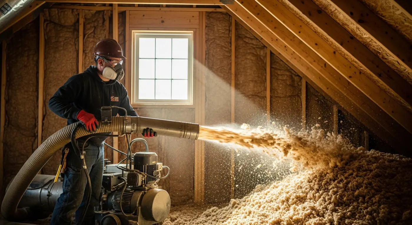 Professional technician blowing insulation into Maine attic