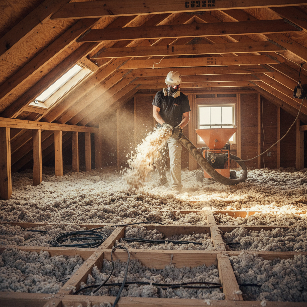 Blown-in cellulose insulation being installed in a Maine attic