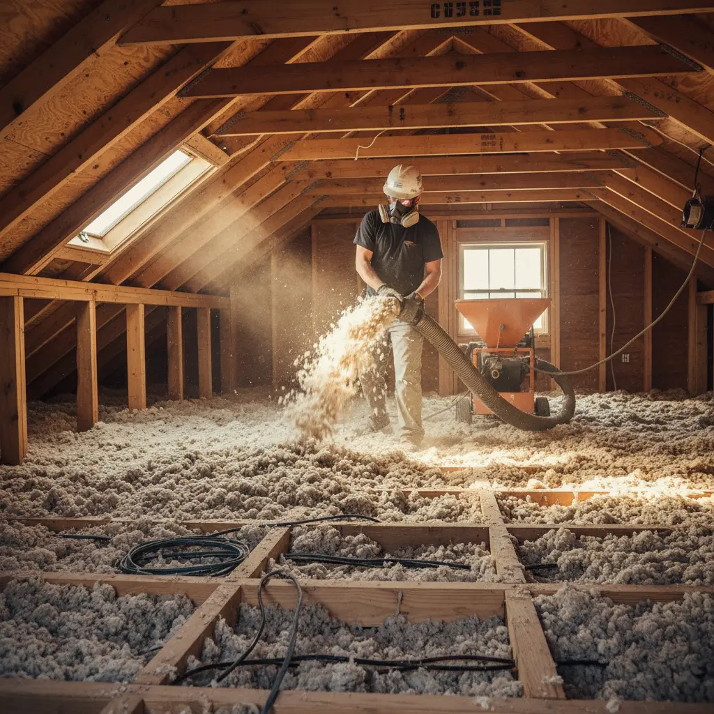 Blown-in cellulose insulation being installed in a Maine attic