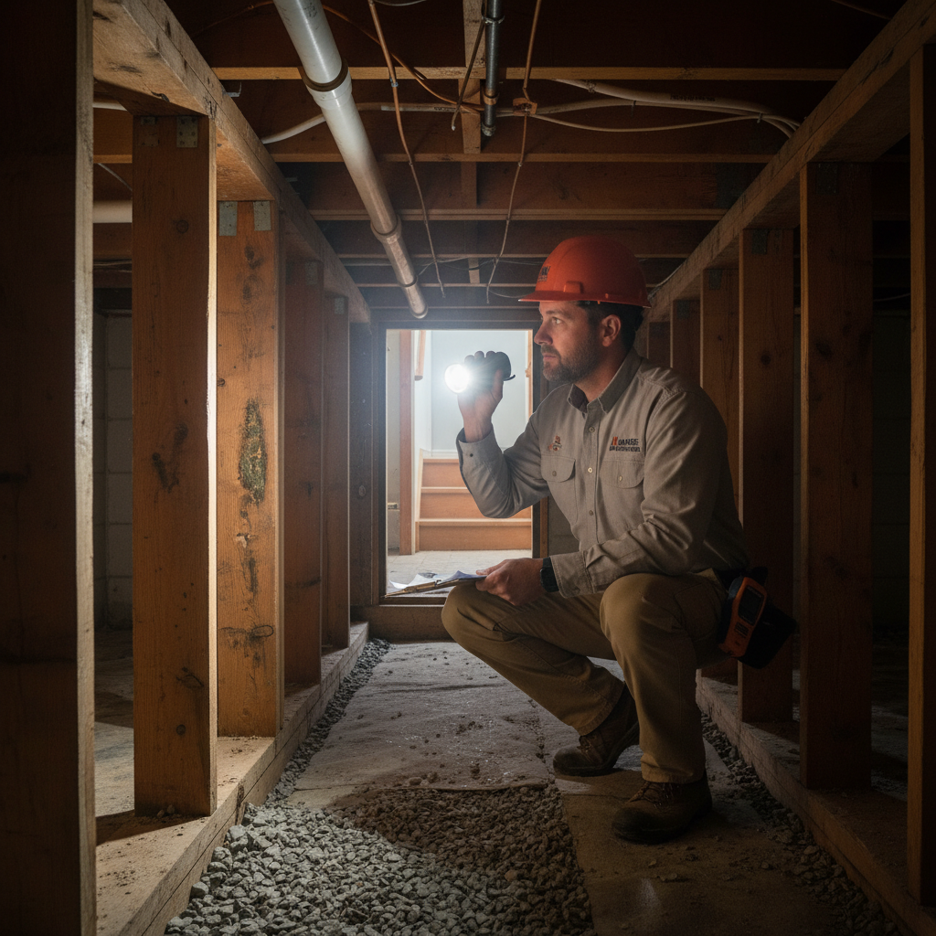 Home consultant evaluating moisture and structural conditions in Maine home