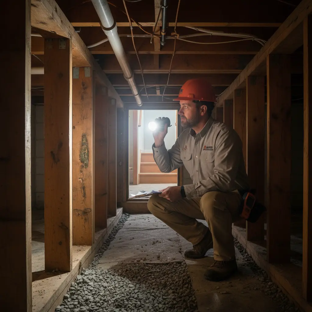 Home consultant evaluating moisture and structural conditions in Maine home