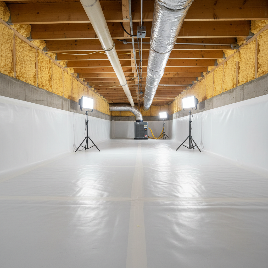 Crawl space encapsulation with vapor barrier installed in a Maine home