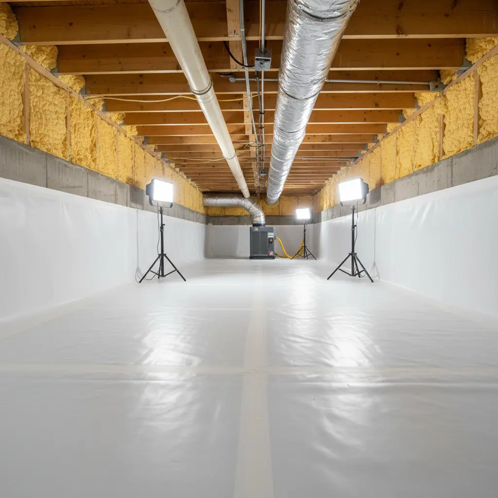 Crawl space encapsulation with vapor barrier installed in a Maine home