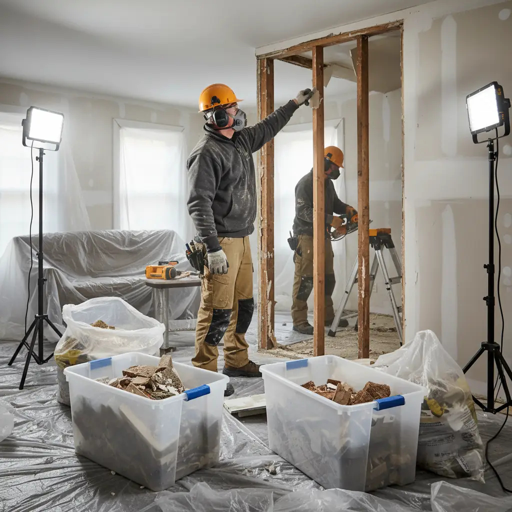 Contained demolition work zone with zip walls and dust control in a Lewiston-Auburn property