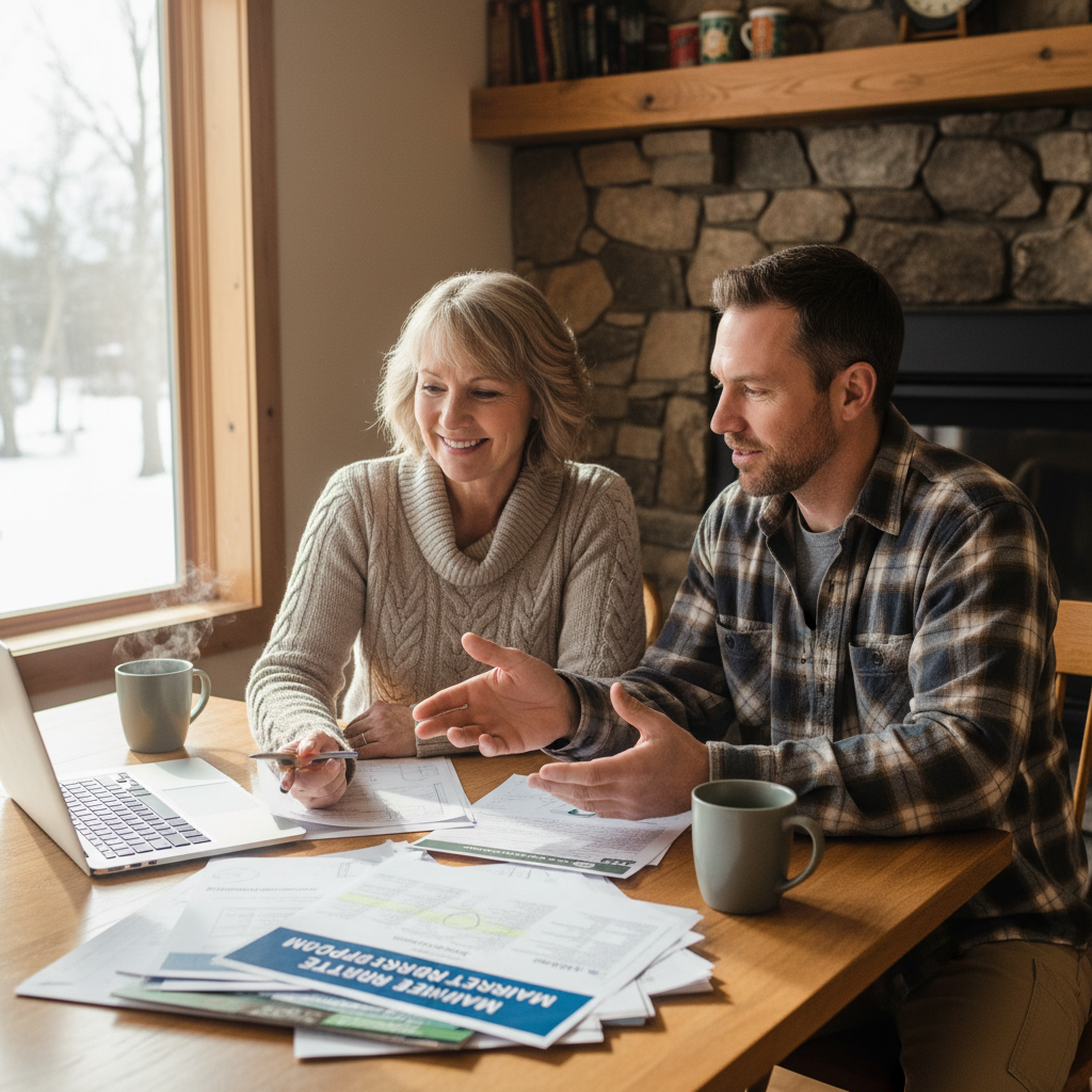 Maine homeowner reviewing Efficiency Maine rebate documentation with a Mattra installer