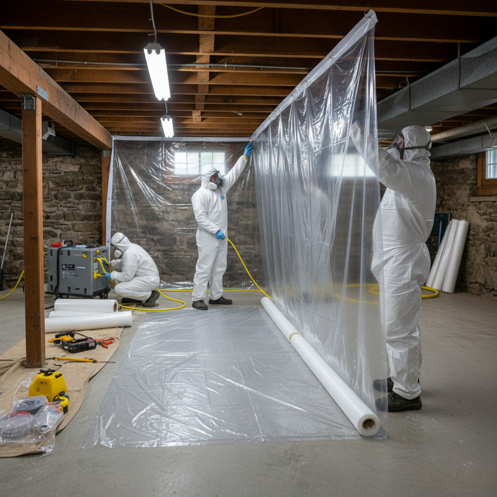 Certified mold remediation crew with containment barriers in Maine home