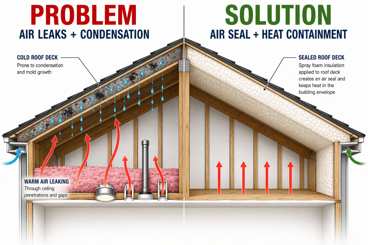 Maine home cross-section showing how mold connects to insulation, air sealing, and ventilation
