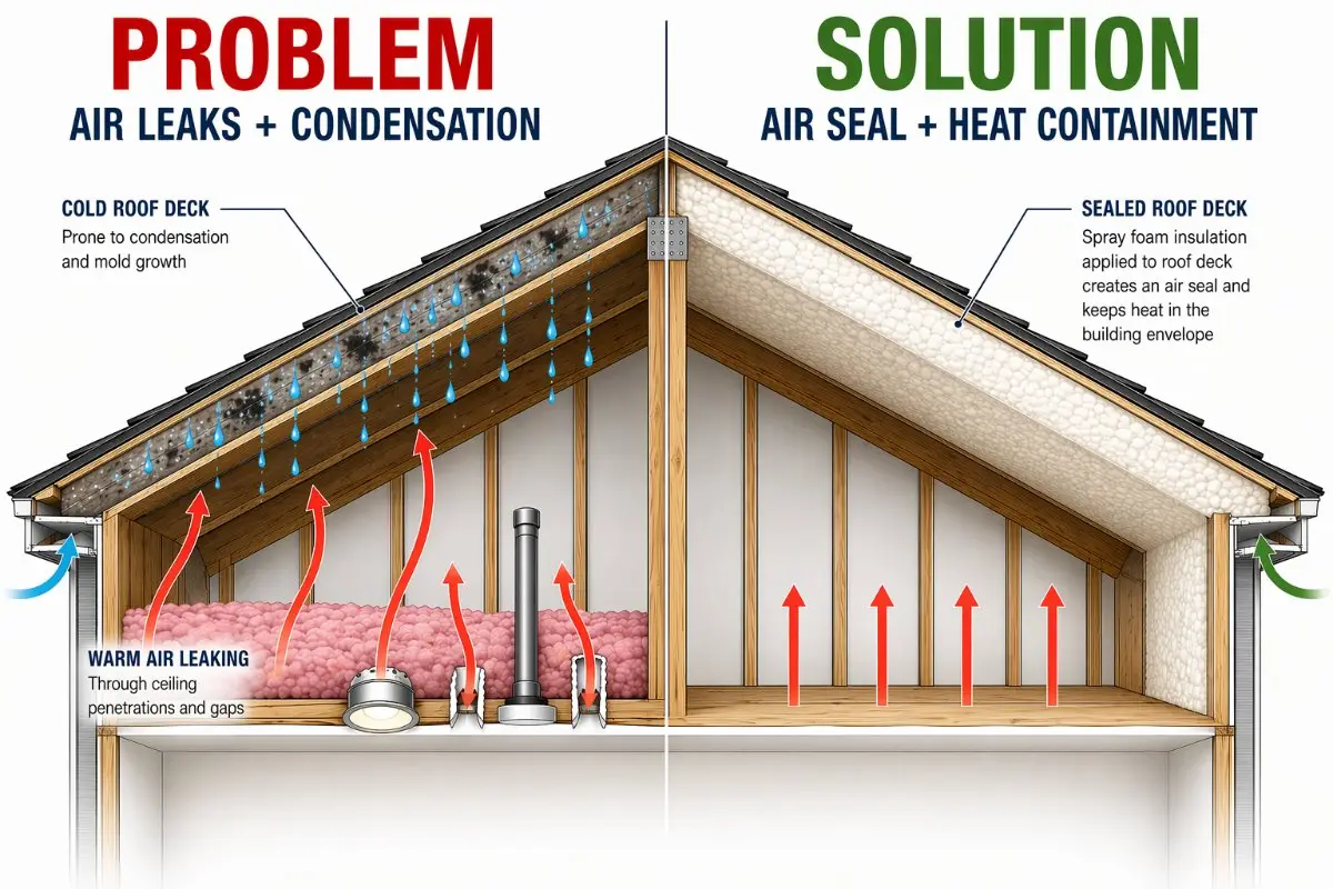 Maine home cross-section showing how mold connects to insulation, air sealing, and ventilation