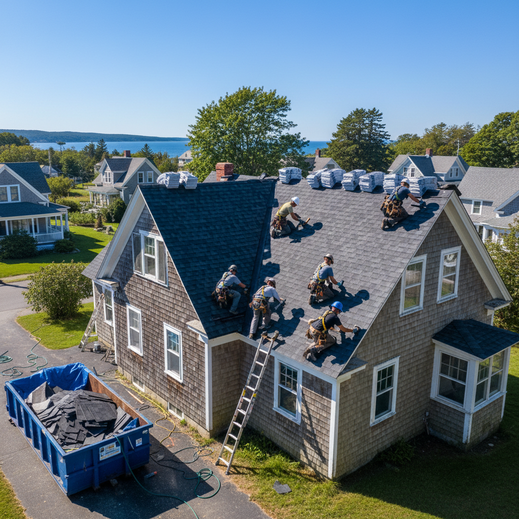 Roofing contractor working on a Maine home roof