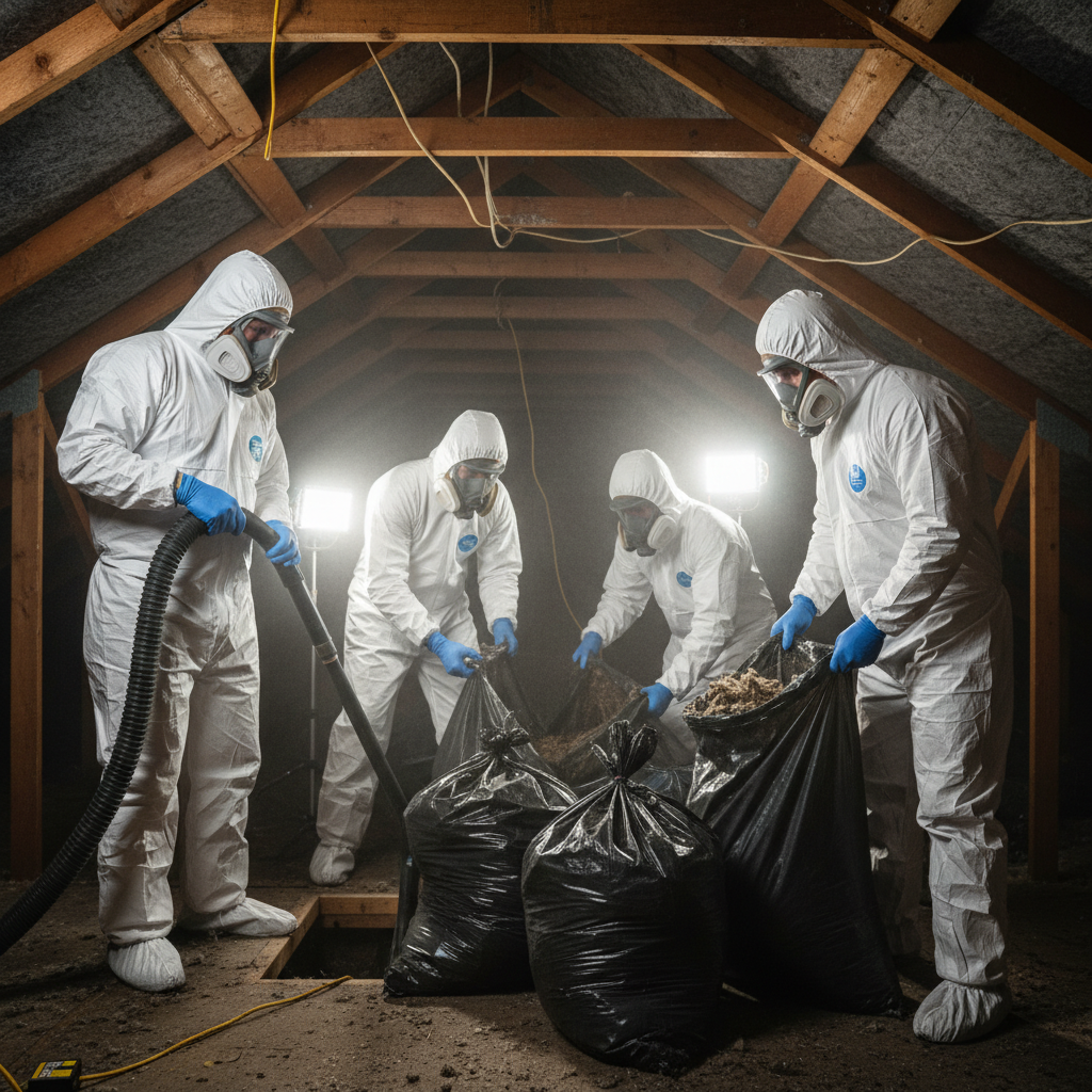 Workers removing contaminated insulation from attic space
