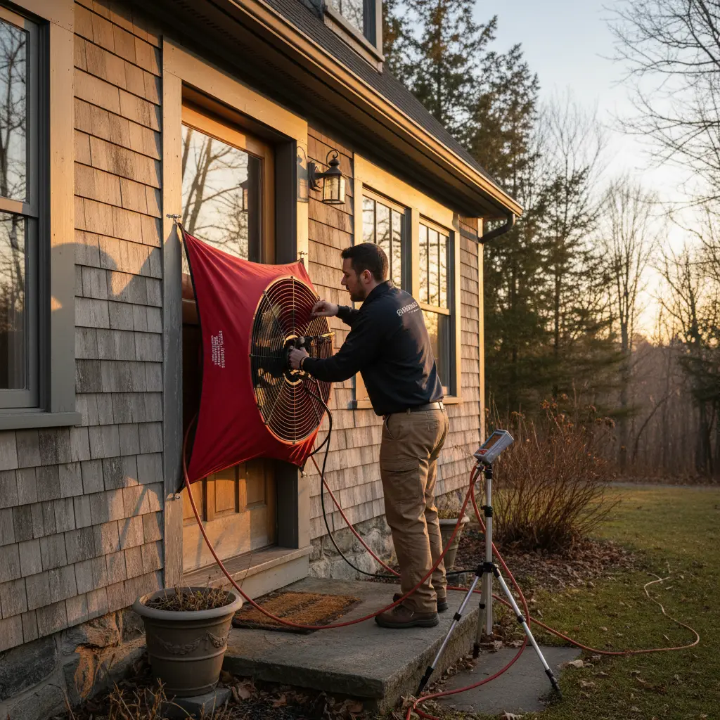 Home energy auditor using blower door testing equipment at Maine home